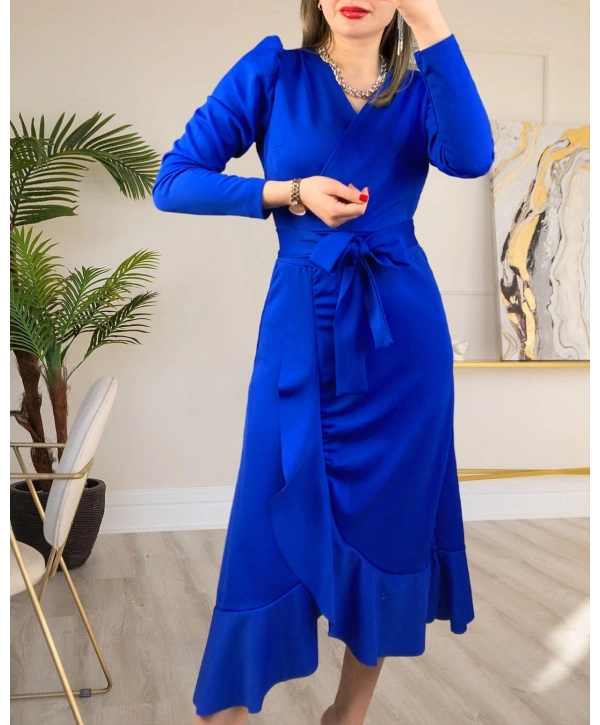 Krep Kumaş Midi Boy Kuşaklı Uzunkol Elbise