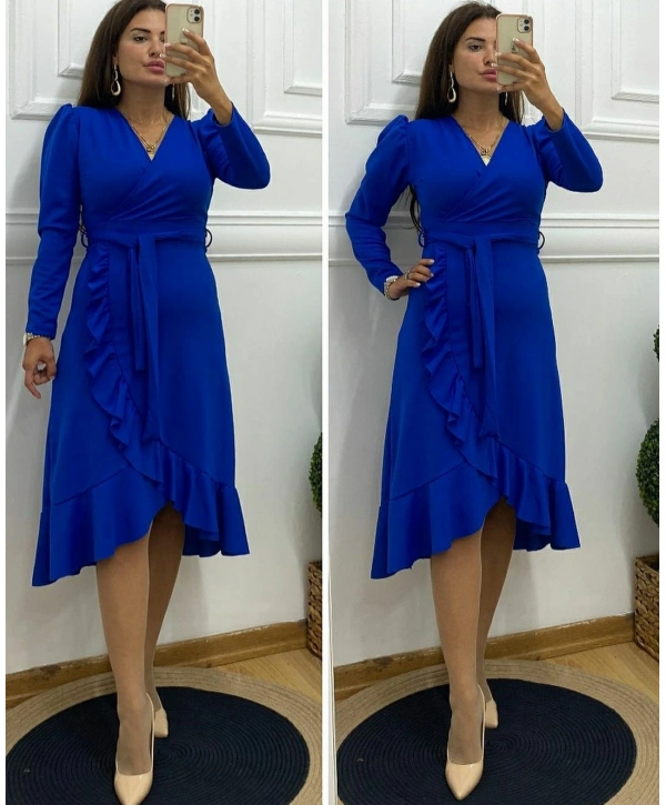 Krep Kumaş Midi Boy Kuşaklı Uzunkol Elbise