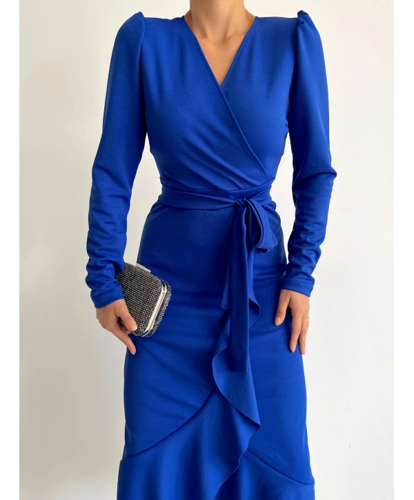 Krep Kumaş Midi Boy Kuşaklı Uzunkol Elbise