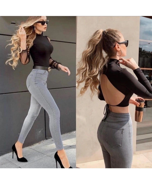 Likralı Yüksek Bel Jean Pantolon