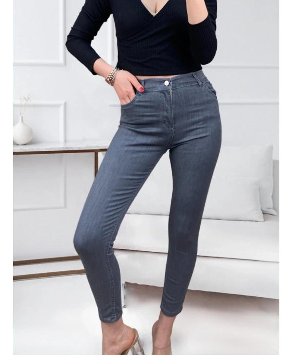 Likralı Yüksek Bel Jean Pantolon