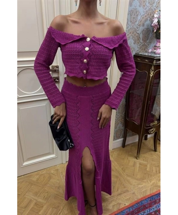 Madonna Yaka Derin Yırtmaç Etekli Şık Triko Takım 10099