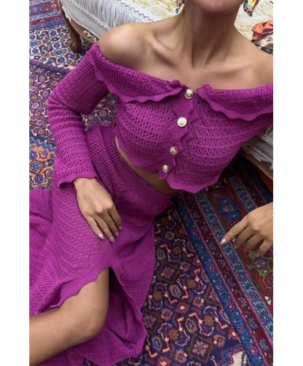 Madonna Yaka Derin Yırtmaç Etekli Şık Triko Takım 10099