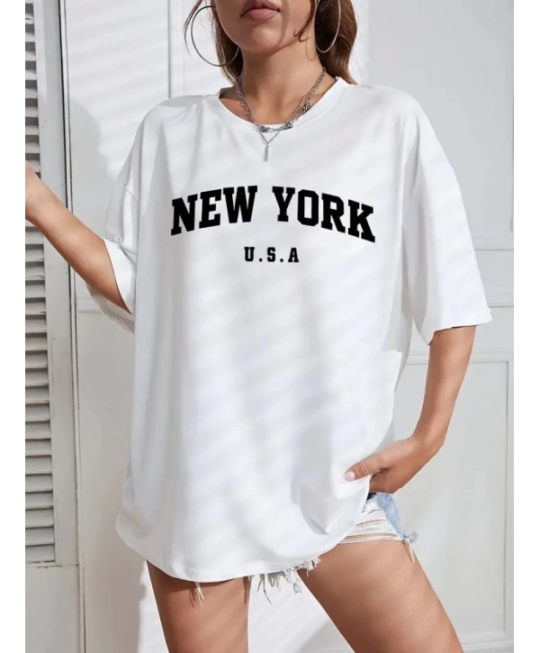 New York Baskılı Oversize Bisiklet Yaka T-shirt - Beyaz