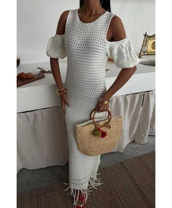 Omuz Detaylı Etek Ücü Püsküllü Triko Elbise 2862