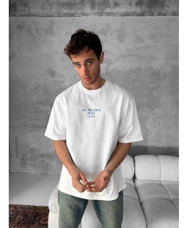 Ön Ve Arka Baskılı Oversize Bisiklet Yaka T-shirt- Beyaz