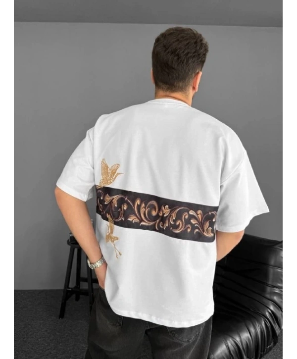 Ön Ve Arka Baskılı Oversize Bisiklet Yaka T-shirt - Beyaz