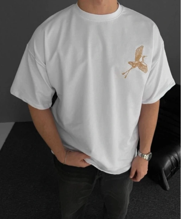 Ön Ve Arka Baskılı Oversize Bisiklet Yaka T-shirt - Beyaz