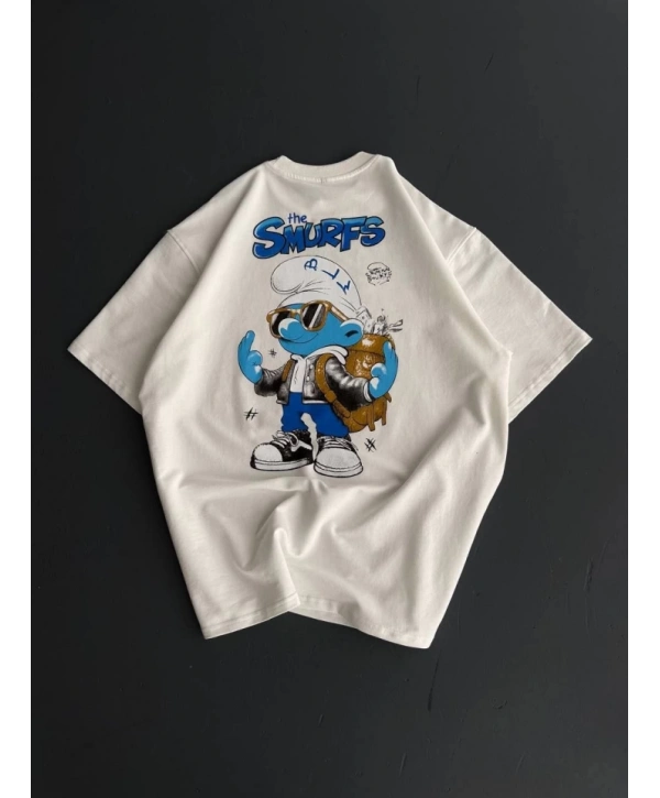 Ön Ve Arka Baskılı Oversize Bisiklet Yaka T-shirt- Beyaz