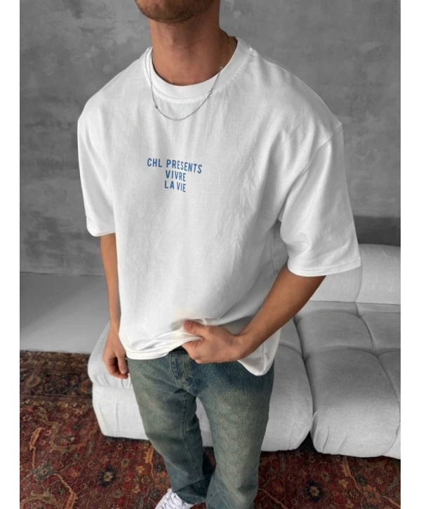 Ön Ve Arka Baskılı Oversize Bisiklet Yaka T-shirt- Beyaz