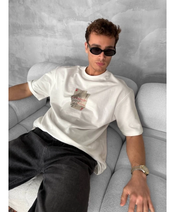 Erkek Ön Ve Arka Baskılı Oversize Bisiklet Yaka T-shirt - Beyaz