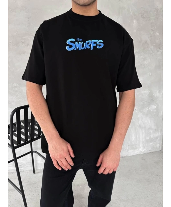 Ön Ve Arka Baskılı Oversize Bisiklet Yaka T-shirt- Siyah