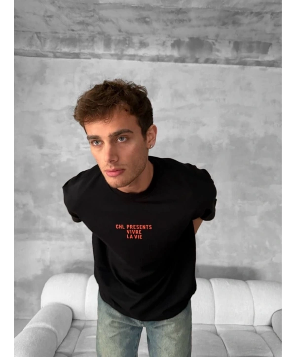 Ön Ve Arka Baskılı Oversize Bisiklet Yaka T-shirt- Siyah