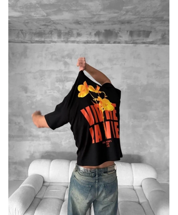 Ön Ve Arka Baskılı Oversize Bisiklet Yaka T-shirt- Siyah