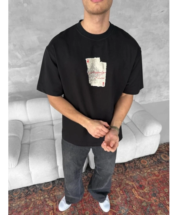 Ön Ve Arka Baskılı Oversize Bisiklet Yaka T-shirt - Siyah