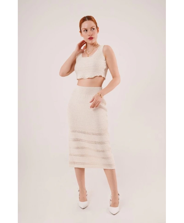 Örme Detaylı Etek Ve Bluz Krem Takım