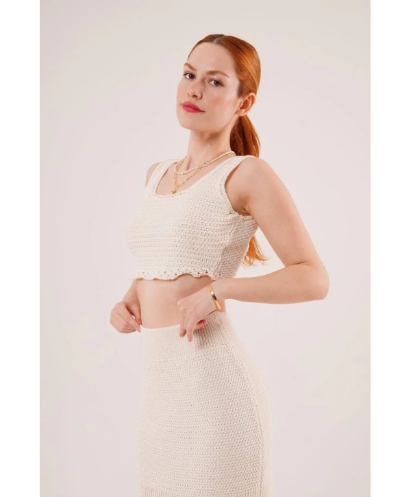 Örme Detaylı Etek Ve Bluz Krem Takım