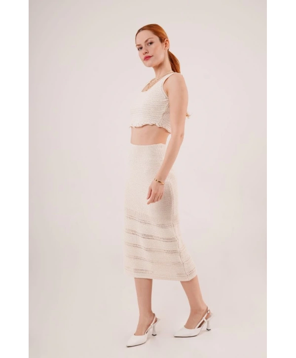 Örme Detaylı Etek Ve Bluz Krem Takım