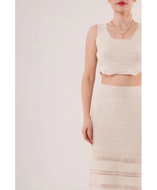 Örme Detaylı Etek Ve Bluz Krem Takım