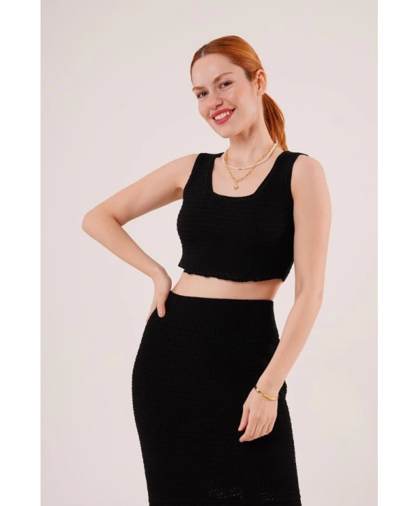 Örme Detaylı Etek Ve Bluz Siyah Takım