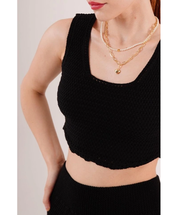 Örme Detaylı Etek Ve Bluz Siyah Takım