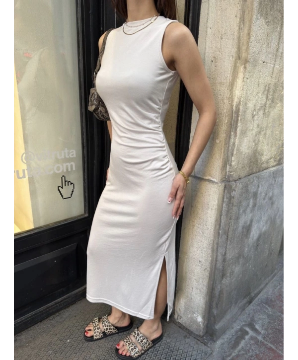 Osy Modal Yumuşak Dokulu Kumaş Bisiklet Yaka Sıfır Kolsuz Yırtmaçlı Uzun Elbise - Beyaz