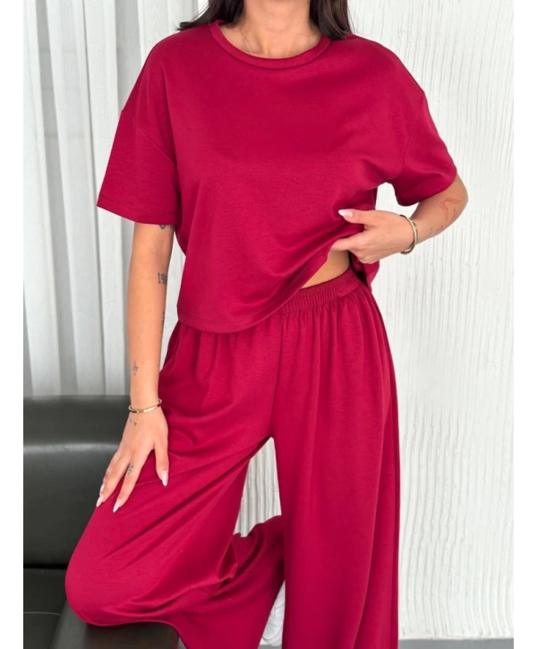 Osy Modal Yumuşak Dokulu Kumaş Bisiklet Yaka T-shirt Bol Paça Pantalon Ikili Takım -Bordo