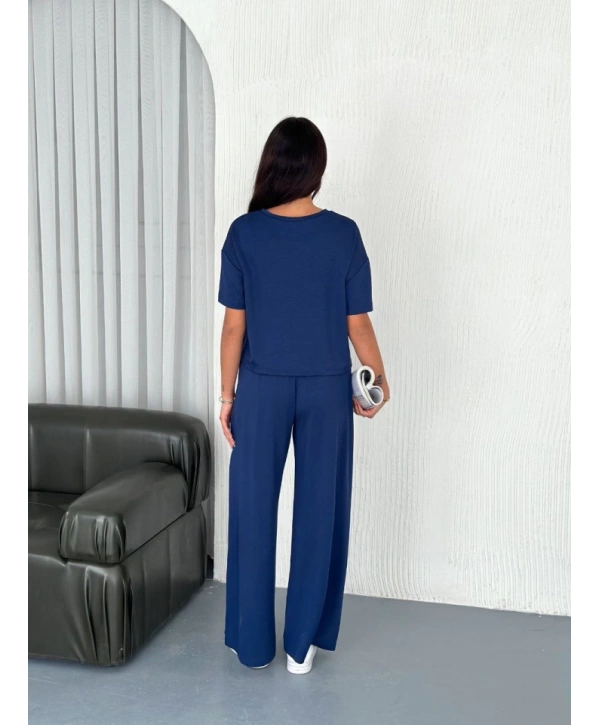 Osy Modal Yumuşak Dokulu Kumaş Bisiklet Yaka T-shirt Bol Paça Pantalon Ikili Takım -Saks Mavi
