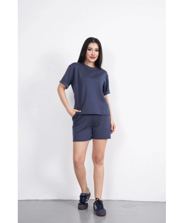 Osy Modal Yumuşak Dokulu Kumaş Bisiklet Yaka T-shirt Kısa Şort İkili Takım - Antrasit