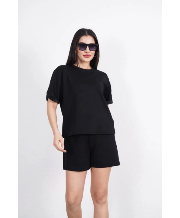 Osy Modal Yumuşak Dokulu Kumaş Bisiklet Yaka T-shirt Kısa Şort İkili Takım - Siyah