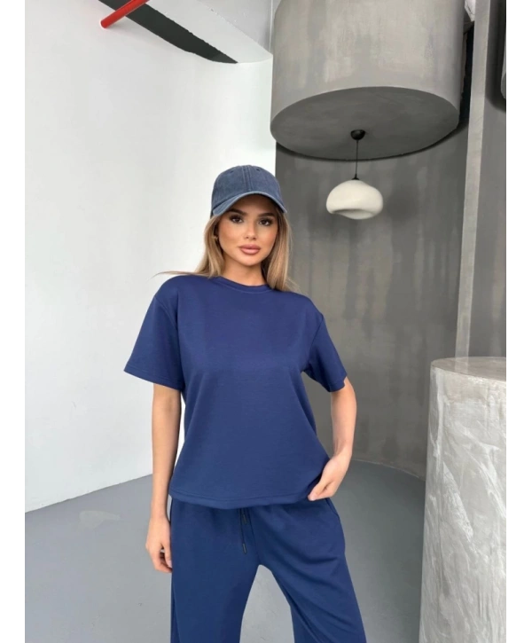 Osy Modal Yumuşak Dokulu Kumaş Kısa Kollu Bluz Rahat Pantalon Ikili Takım- Lacivert