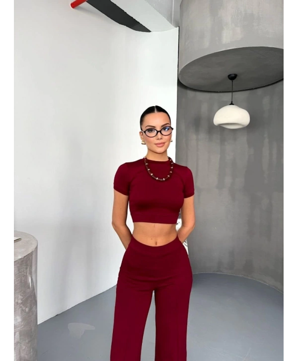 Osy Modal Yumuşak Dokulu Kumaş Kısa Kollu Crop Alt Ispanyol Paça Pantalon Ikili Takım - Bordo