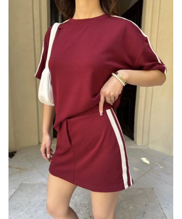 Osy Modal Yumuşak Dokulu Kumaş Parçalı Bisiklet Yaka T-shirt Mini Şortlu Etek İkili Takım -Bordo