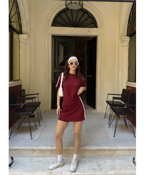 Osy Modal Yumuşak Dokulu Kumaş Parçalı Bisiklet Yaka T-shirt Mini Şortlu Etek İkili Takım -Bordo