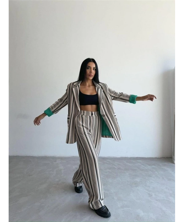 OTTOMAN ÇİZGİLİ CEKET-PANTOLON TK - Bej