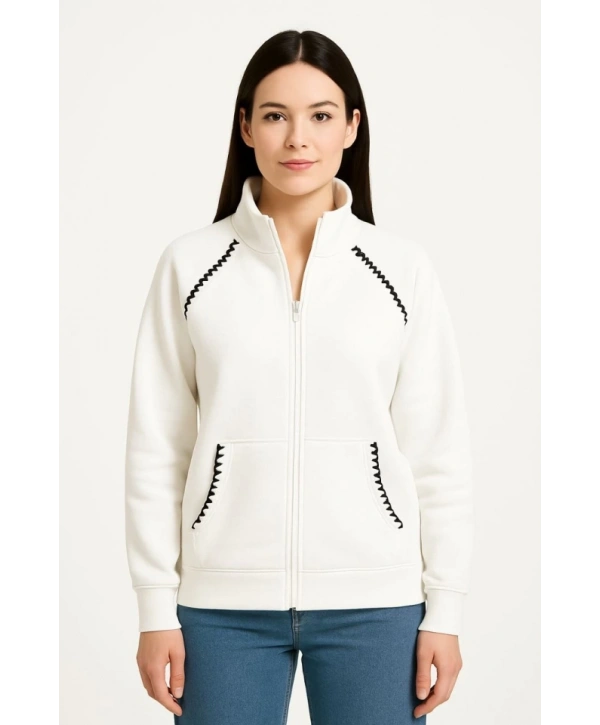 Oversize Dik Yaka Fermuarlı Sweatshirt - Zincir Nakışli Kanguru Cepli, - Beyaz