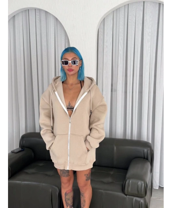 Oversize Tam Fermuarlı Uzun Kol Hırka - Bej