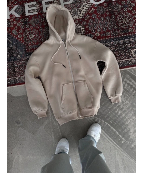 Oversize Tam Fermuarlı Uzun Kol Hırka - Bej