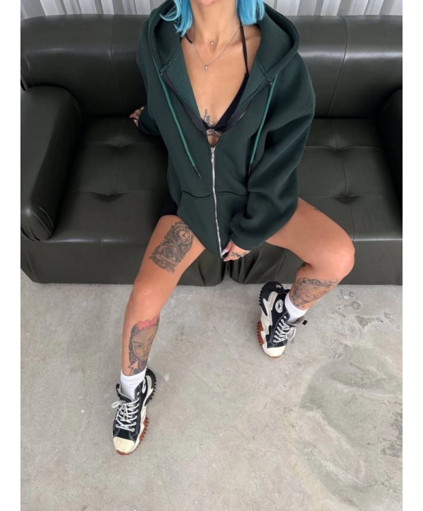 Oversize Tam Fermuarlı Uzun Kol Hırka - Haki