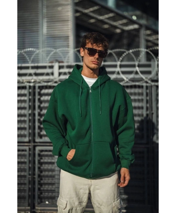 Oversize Tam Fermuarlı Uzun Kol Hırka - Haki