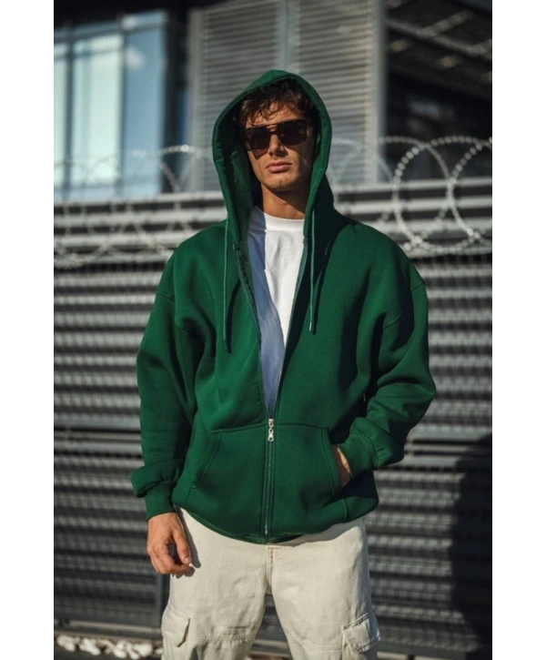 Oversize Tam Fermuarlı Uzun Kol Hırka - Haki