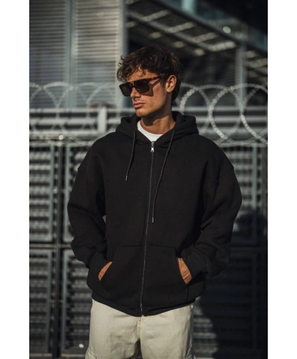 Oversize Tam Fermuarlı Uzun Kol Hırka - Siyah