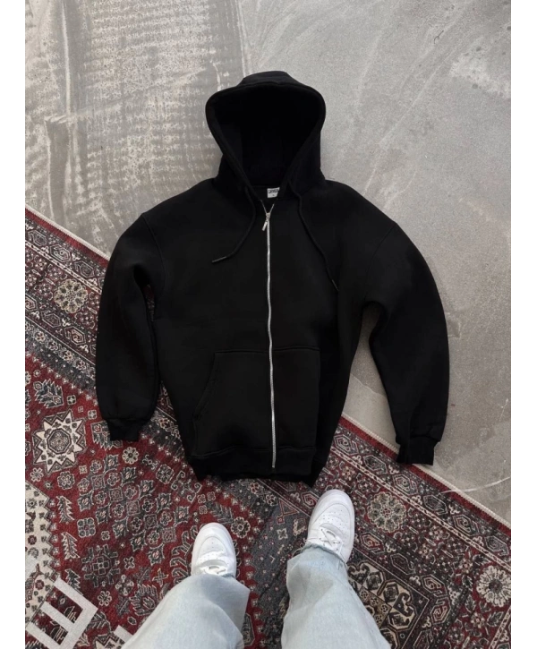 Oversize Tam Fermuarlı Uzun Kol Hırka - Siyah