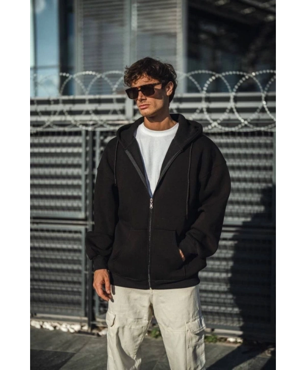 Oversize Tam Fermuarlı Uzun Kol Hırka - Siyah