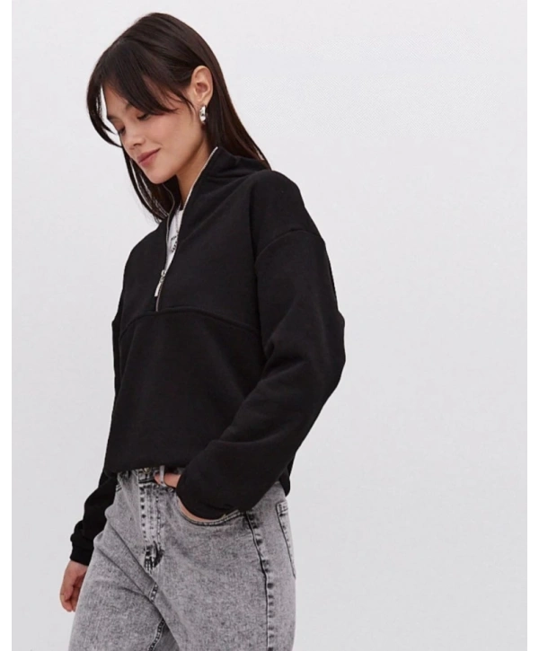 Oversize Yarım Farmuarlı Yakalı Basic SweatShirt - Siyah