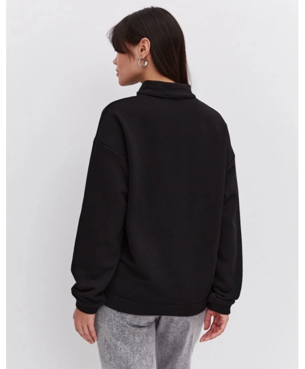 Oversize Yarım Farmuarlı Yakalı Basic SweatShirt - Siyah