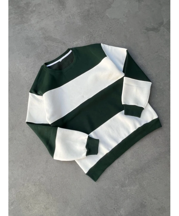 Parçalı Bisiklet Yaka Baskılı SweatShirt - Yeşil