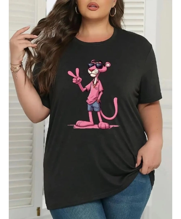 Pembe Panter Baskılı Oversize Bisiklet Yaka T-shirt - Beyaz