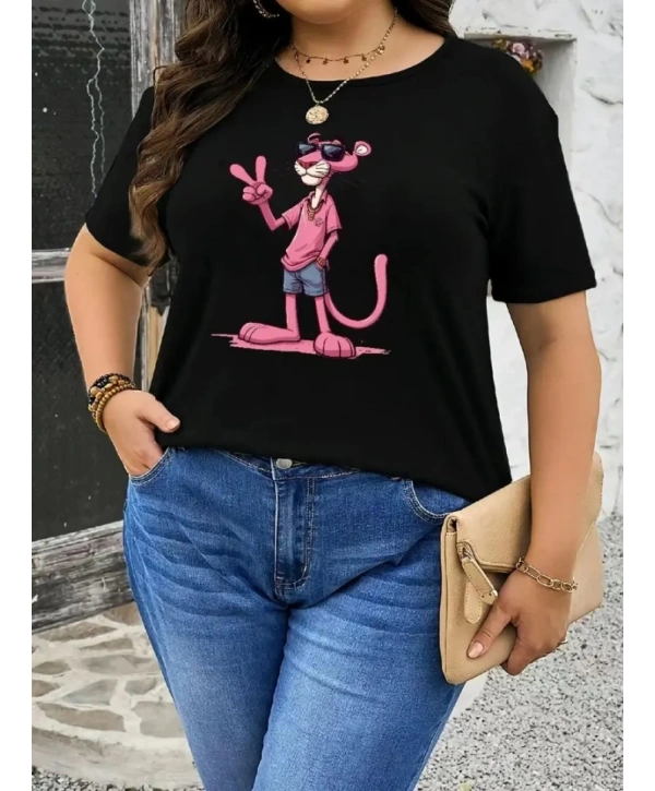 Pembe Panter Baskılı Oversize Bisiklet Yaka T-shirt - Beyaz