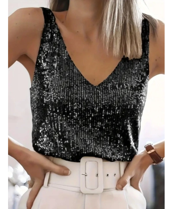 Pul Payetli Sıfır Kol Bluz -Siyah